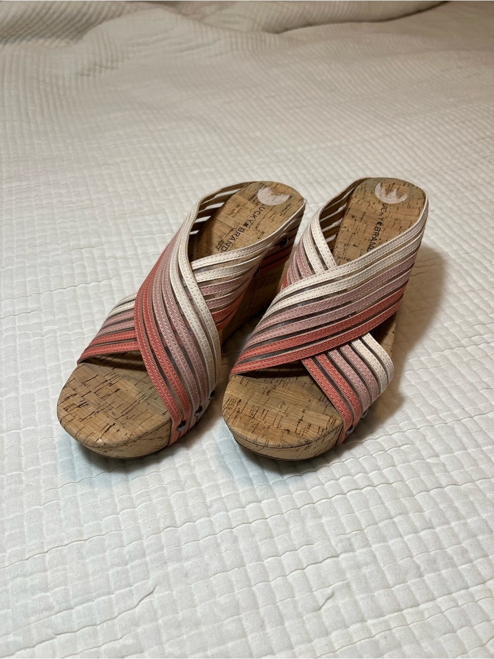 Lucky Brand Coral and Cream Strappy Wedge Sandals